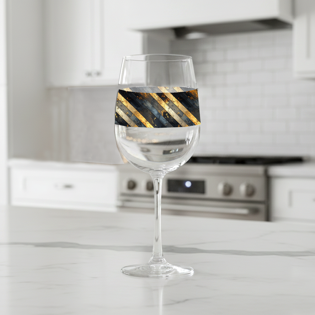 Obsidian Stripes tall wine glass black and gold diagonal stripes on a kitchen counter