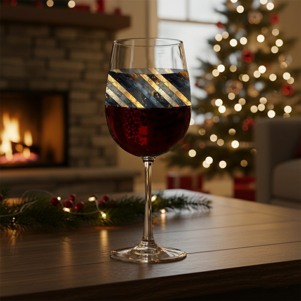  Obsidian Stripes tall wine glass black and gold diagonal stripes and with red wine on a table in a cozy room with a Christmas tree and fireplace.