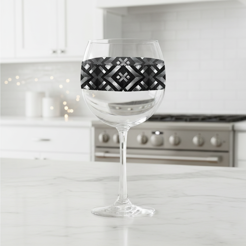 Palazzo Tiles balloon wine glass with gray and silver geometric designon a kitchen counter