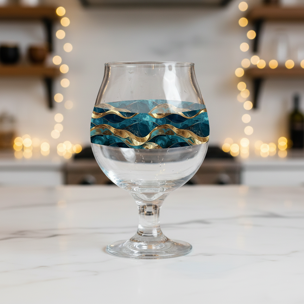 Opulent Teal Belgian beer glass with teal and gold design on a marble counter and  blurred kitchen background.