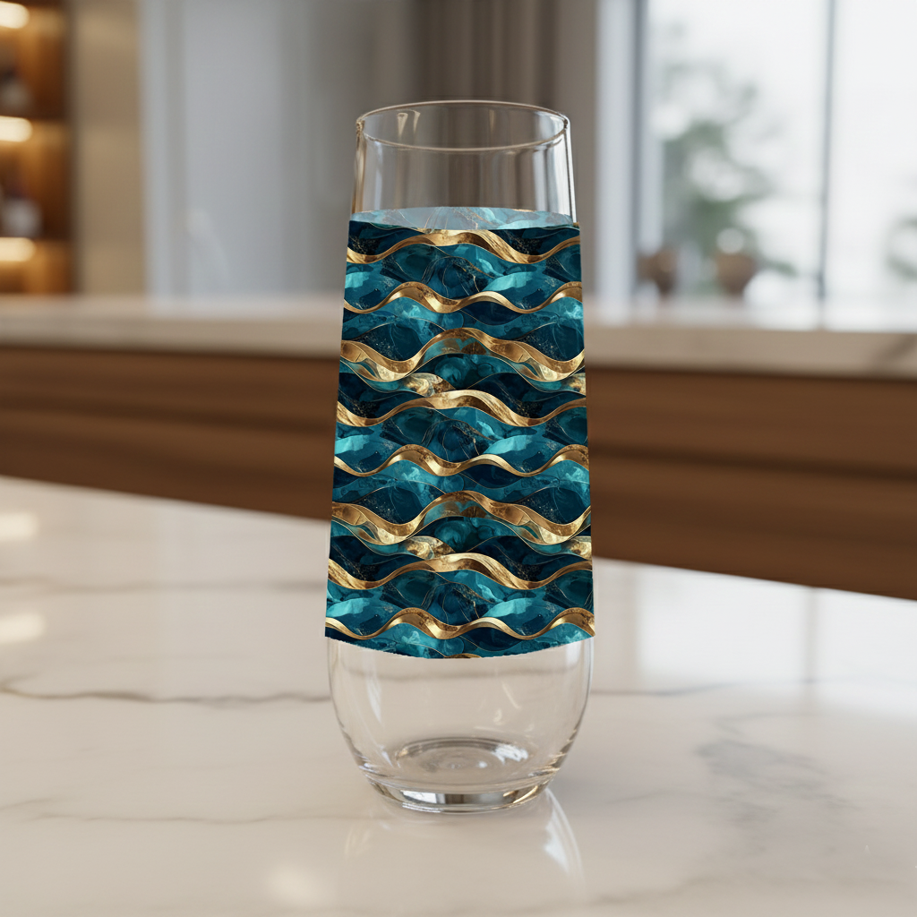 Opulent Teal stemless champagne flute glass with teal and gold wave design on a marble surface with a blurred kitchen background.