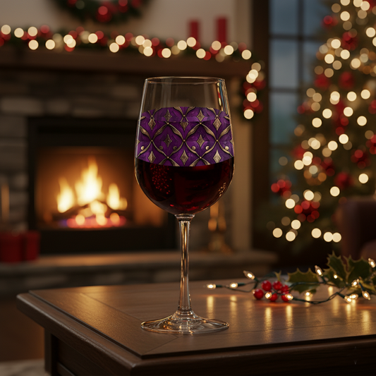 Royal Opulence wine glass with plum and gold design and filled with red wine  on a table and blurred fireplace and Christmas tree in background
