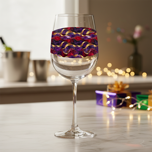 Fluid Marble tall wine glass with purple and gold design on a table with blurred presents, wine bucket, and holiday lights in the background.