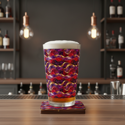 Fluid Marble pint glass with purple and gold design filled with beer and a foam head on a bar counter with bottles in the background.