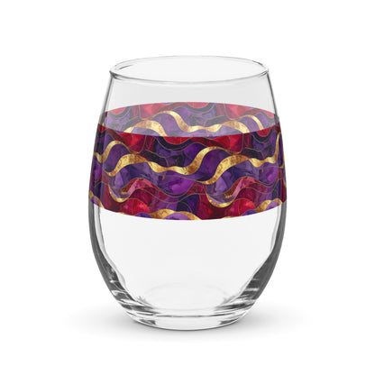Fluid Marble stemless wine glass with a purple and gold design on a white background.