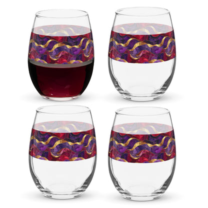 Four Fluid Marble stemless wine glasses with a purple and gold design arranged together on a white background.