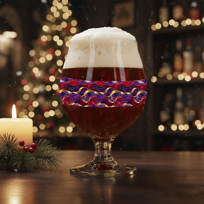Fluid Marble Belgian beer glass with purple and gold design filled with dark beer and a foam head on a bar with a lit candle and a blurred lighted tree and bottles in the background.