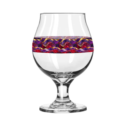 Clear glass with a purple and gold colorful pattern around the middle on a white background