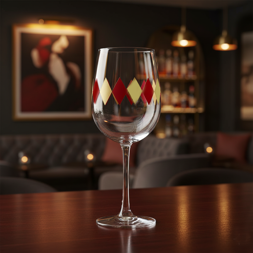 Ruby & Gold tall Wine glass with a diamond design closeup on a bar counter in a dimly lit bar.