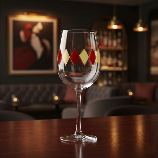 Ruby & Gold tall Wine glass with a diamond design closeup on a bar counter in a dimly lit bar.