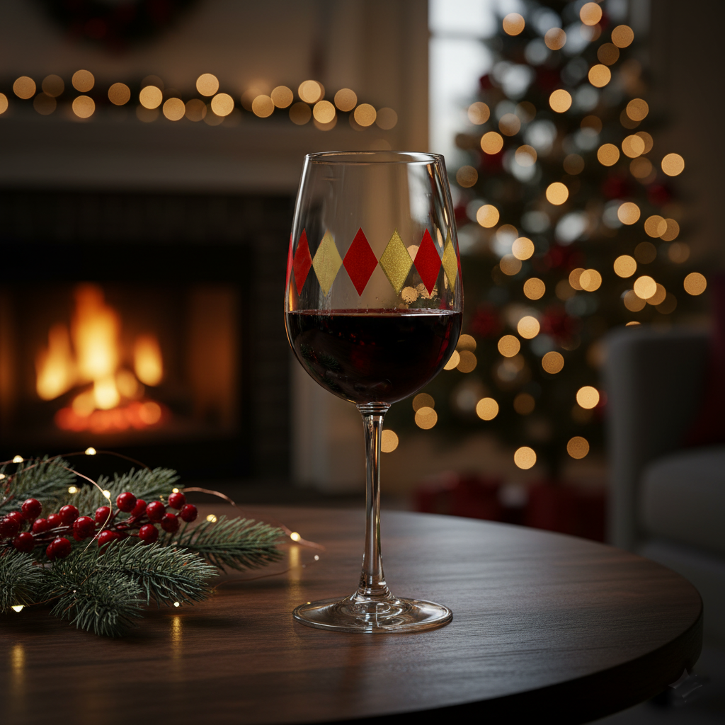 Ruby & Gold tall wine glass with a red and gold harlequin design on a table in front of a fireplace and Christmas tree.