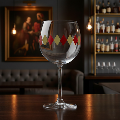 Ruby and Gold balloon wine glass with diamond pattern on a bar counter with bottles and a painting in the background