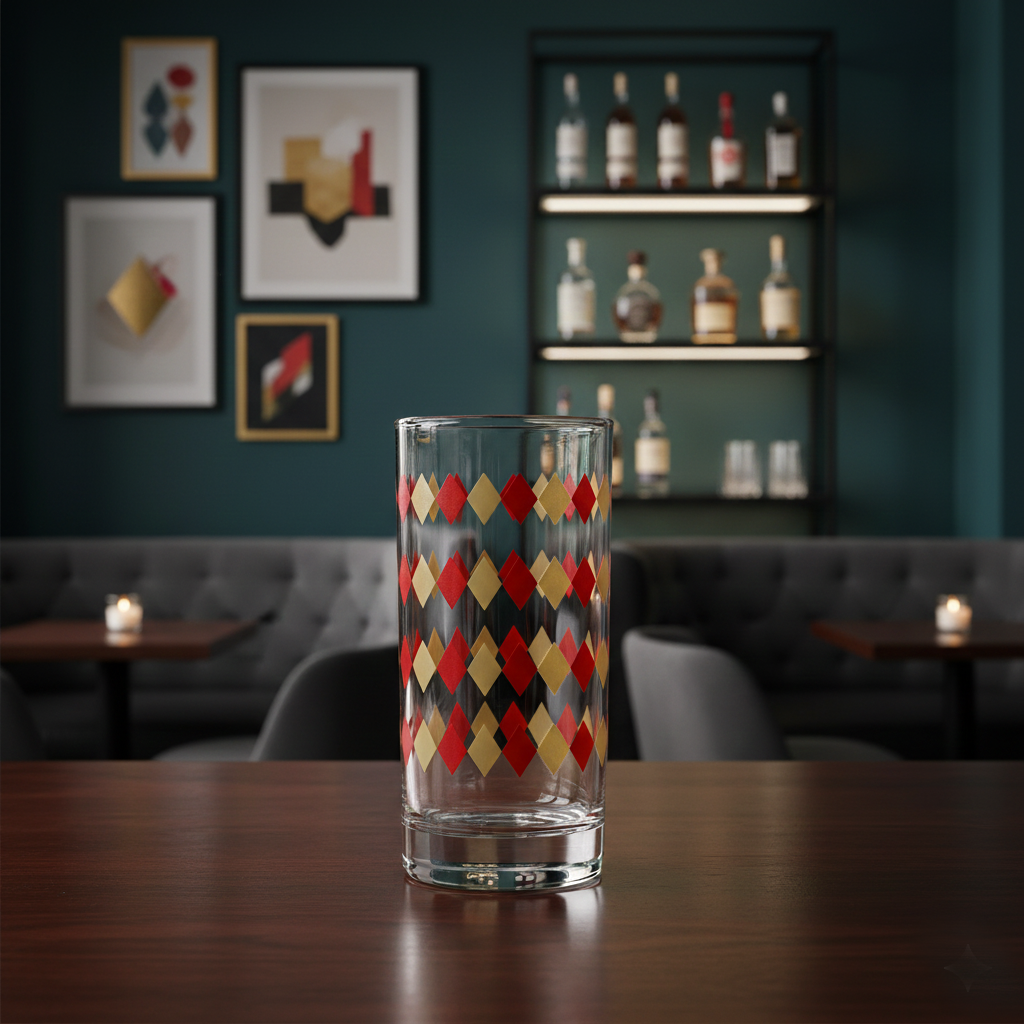 Ruby and Gold  highball glass in a harlequin design on a bar counter with a bar setting in the background.