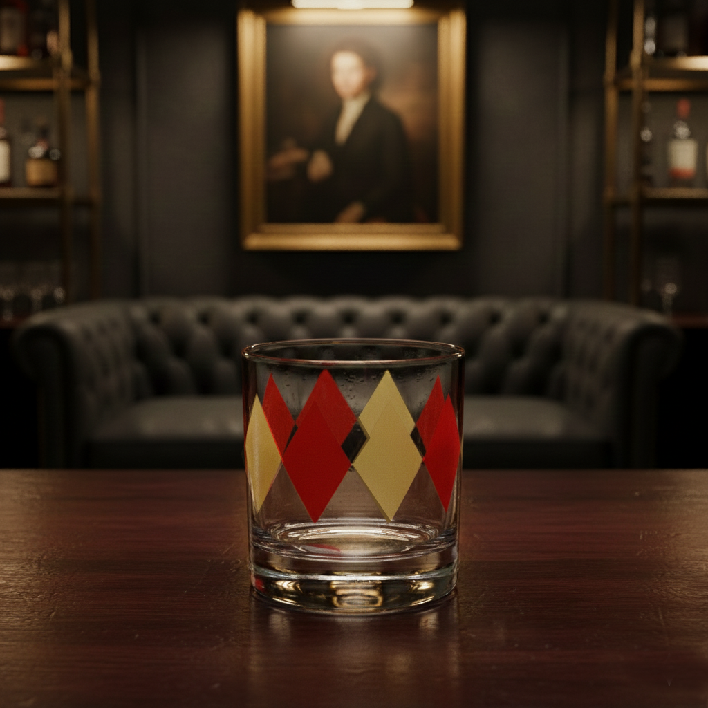 Ruby and Gold rocks glass with Art-Deco harlequin design on a wooden table in a room with a couch and framed portrait.