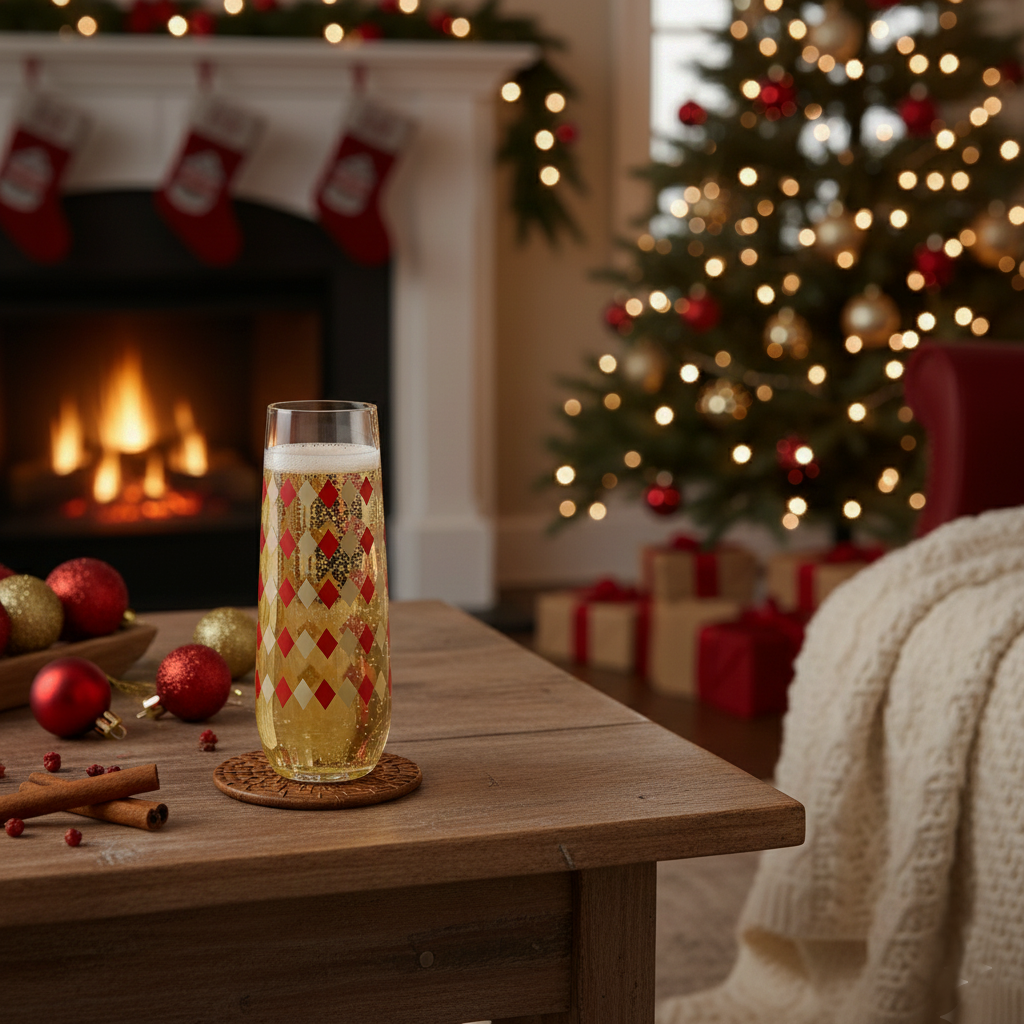 Ruby and gold harlequin design stemless champagne flute on a festive holiday decorated coffee table