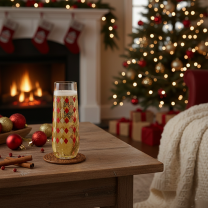 Ruby and gold harlequin design stemless champagne flute on a festive holiday decorated coffee table