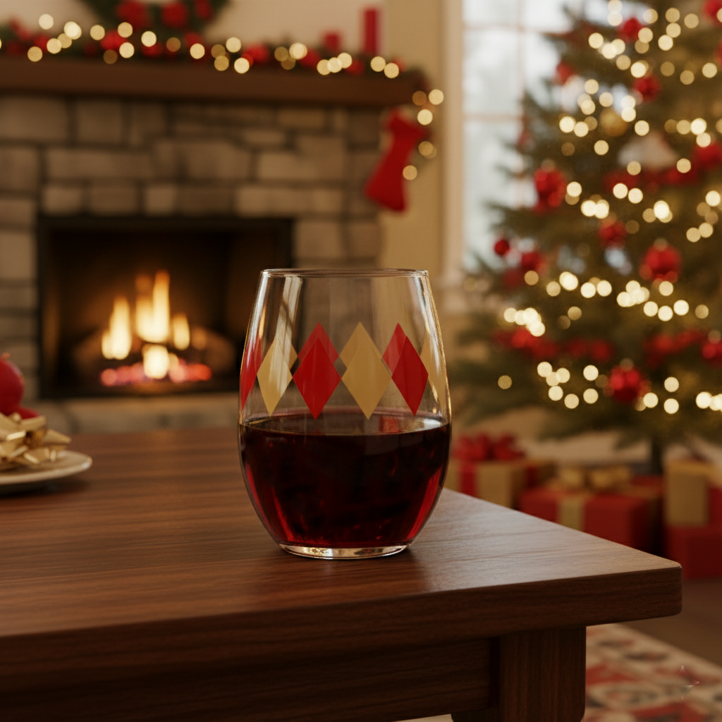 A stemless wine glass in a Ruby and Gold harlequin signature design filled with wine sitting on a coffee table with Christmas decor in the room