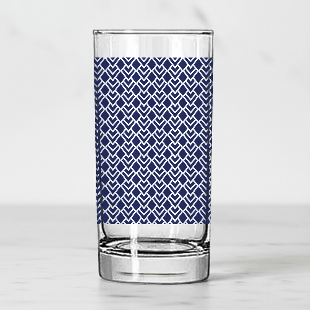 Sapphire Deco highball glass with a blue Art-Deco design on a white background
