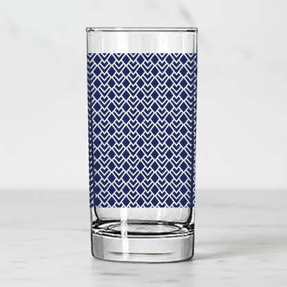 Sapphire Deco highball glass with a blue Art-Deco design on a white background