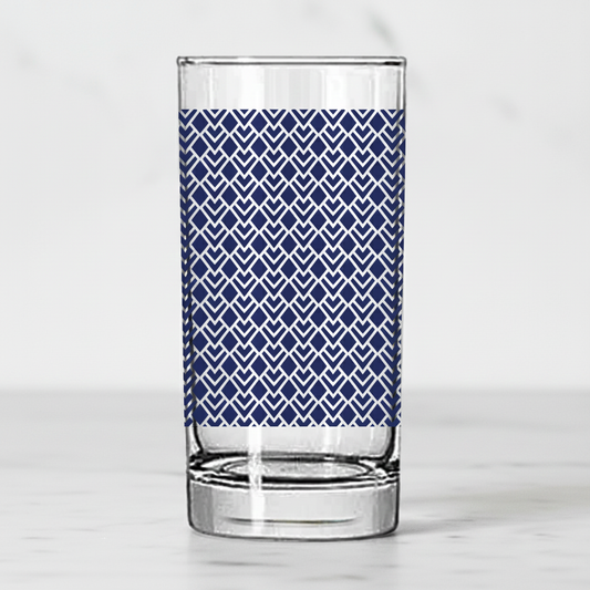 Sapphire Deco highball glass with a blue Art-Deco design on a white background