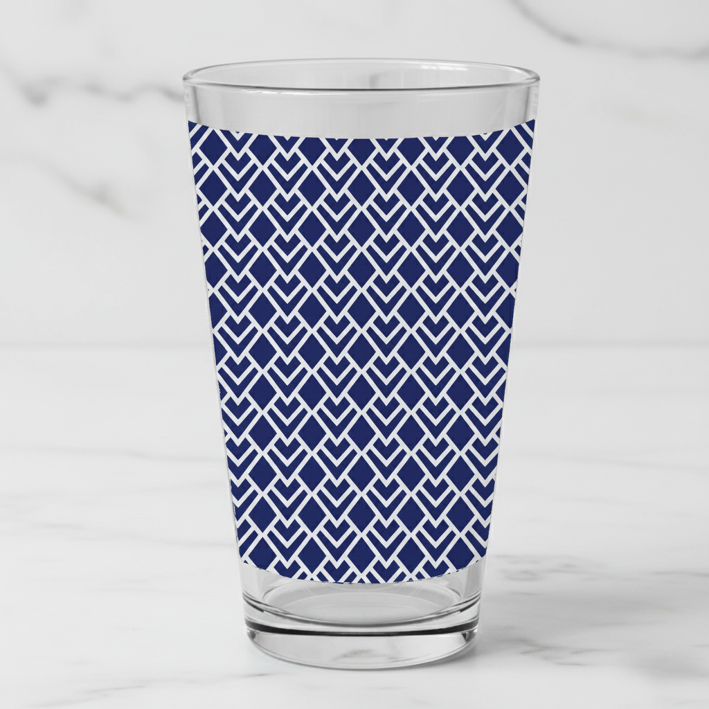 Sapphire Deco pint glass with Art-Deco design on a light gray background