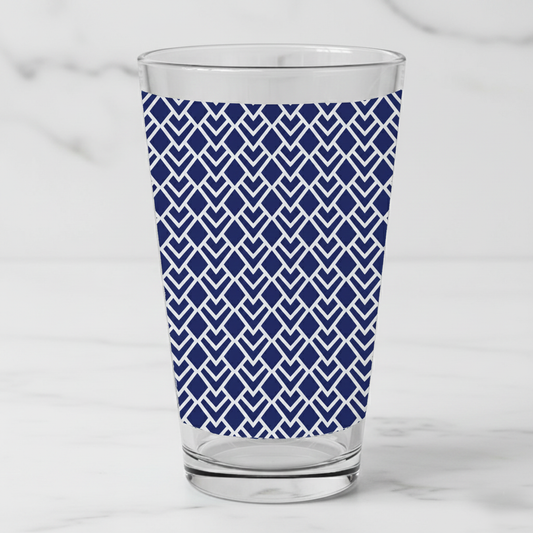 Sapphire Deco pint glass with Art-Deco design on a light gray background
