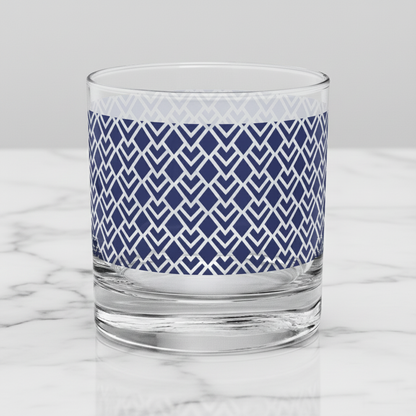 Sapphire Deco  old-fashioned glass  with blue Art-Deco design on a marble surface