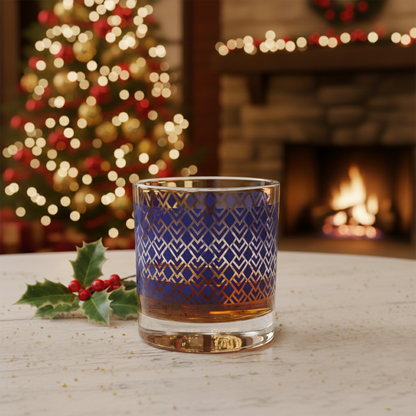 Sapphire Deco old-fashioned glass with whiskey and an Art-Deco design sitting on a table in front of a Christmas tree and fireplace.