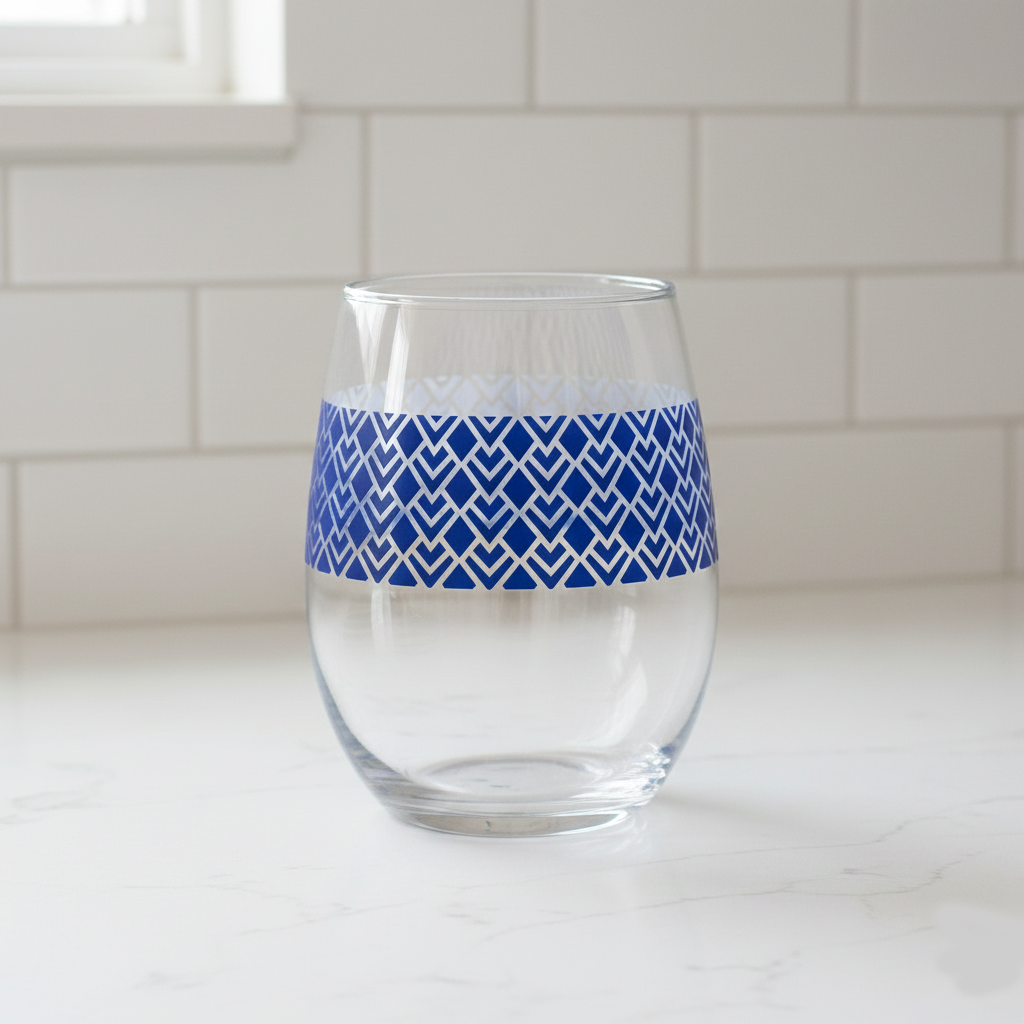 Sapphire Deco stemless wine glass with blue geometric design on a white surface