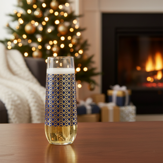 Sapphire Deco stemless flute glass of champagne with decorative Art-Deco design on a table in front of a Christmas tree and fireplace.