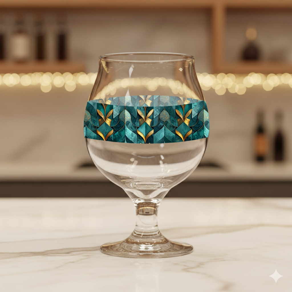 Gilded Patina Belgian beer glass with a teal and gold pattern on a marble surface with blurred bar background