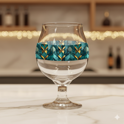 Gilded Patina Belgian beer glass with a teal and gold pattern on a marble surface with blurred bar background