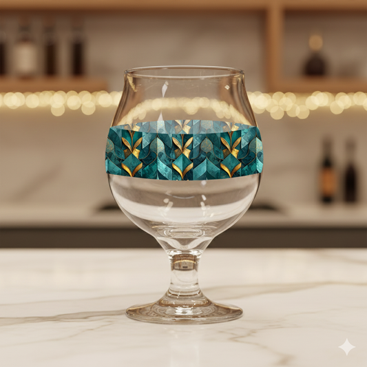 Gilded Patina Belgian beer glass with a teal and gold pattern on a marble surface with blurred bar background