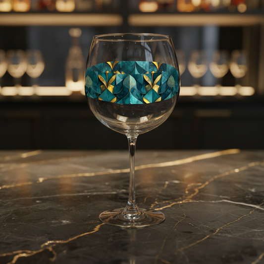 Gilded Patina decorative balloon wine glass with teal and gold geometric pattern on a dark marble surface and blurred background
