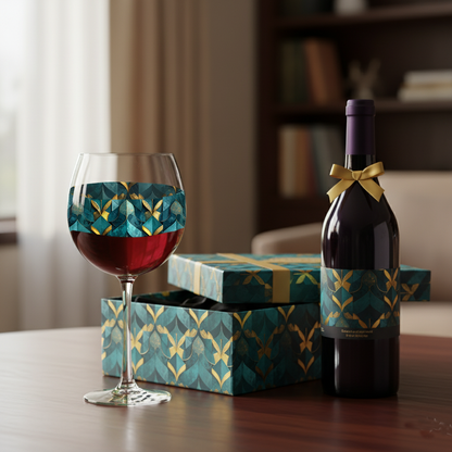 Gilded Patina balloon wine glass with decorative teal and gold design and a wine bottle with matching label and decorative boxes on a table.