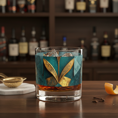 Gilded Patina rocks glass with a teal and gold design filled with whiskey on a bar counter with bottles in the background