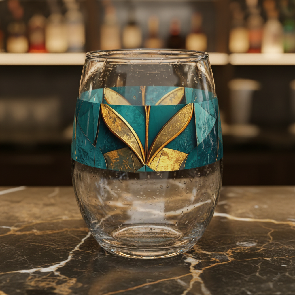 Gilded Patina stemless glass with teal and gold design on a dark marble surface with blurred bar background