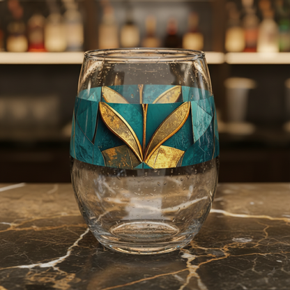 Gilded Patina stemless glass with teal and gold design on a dark marble surface with blurred bar background